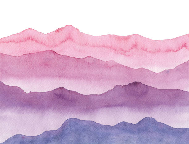 aquarell handgezeichnete illustration mit rosa und violetten wellen berge. - watercolor paper audio stock-grafiken, -clipart, -cartoons und -symbole