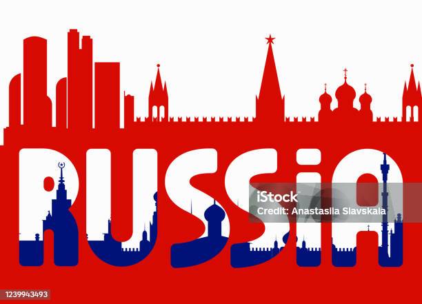 Banner Mit Buchstaben Russland Mit Silhouetten Russischer Gebäude ...