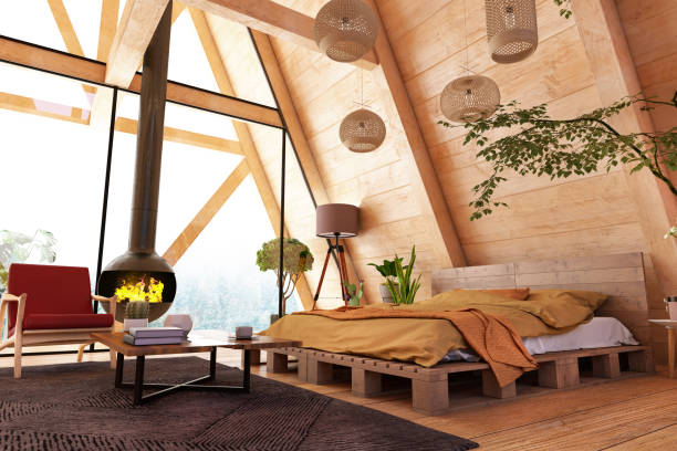 istock Cozy Wooden Bedroom with Fireplace and Forest View 1239955233