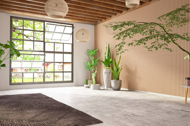 unmöbliertes gemütliches schlafzimmer mit holzwand und fenster - bedroom stage stock-fotos und bilder