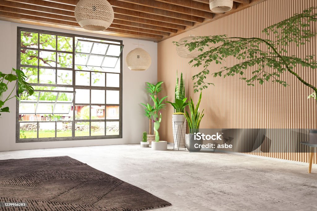 Unfurnished Cozy Bedroom with Wooden Wall and Window Unfurnished Cozy Bedroom with Wooden Wall and Window. 3d Render Backgrounds Stock Photo