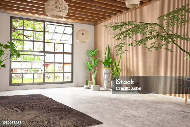 Unfurnished Cozy Bedroom With Wooden Wall And Window Stock Photo - Download Image Now