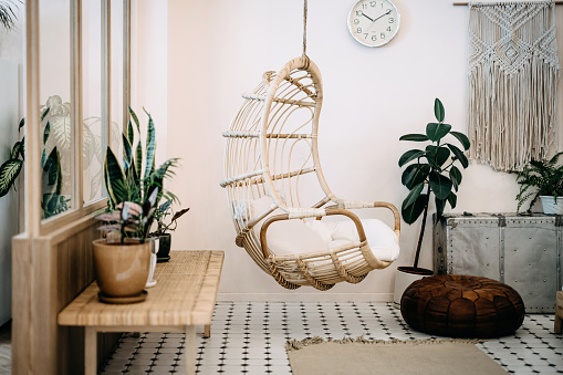 Acogedora silla colgante en la sala de estar loft con diseño elegante y bohemio. Bien diseñado y decorado con una variedad de plantas interesantes photo