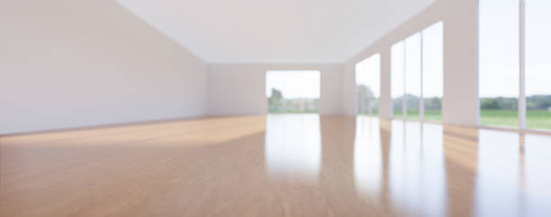 istock 3d rendering of empty room and wood floor shiny reflection with clear glass door in perspective view, clean and new condition use to background. 1239959607