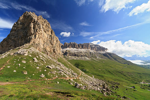 Sella mountain and Pordoi pass stock photo