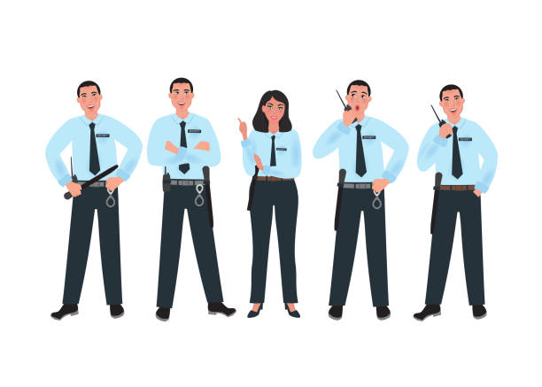 ilustraciones, imágenes clip art, dibujos animados e iconos de stock de conjunto de hombre de seguridad en diferentes poses y emociones sobre fondo blanco. trabajador de la policía. ilustración vectorial - security guard