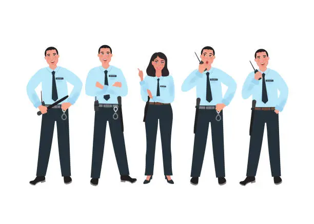 Vector illustration of Set of security man in different poses and emotions on white background. Worker of police. Vector illustration