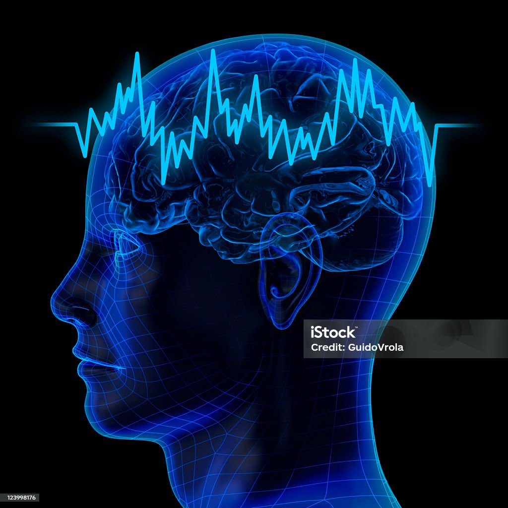 Translúcido cabeça humana e o cérebro com linha em ziguezague - Foto de stock de Eletroencefalograma royalty-free