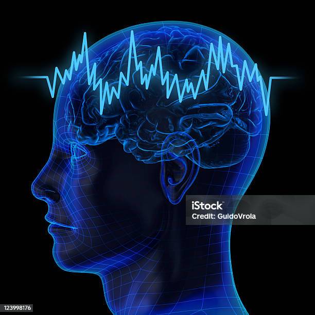 Foto de Translúcido Cabeça Humana E O Cérebro Com Linha Em Ziguezague e mais fotos de stock de Eletroencefalograma