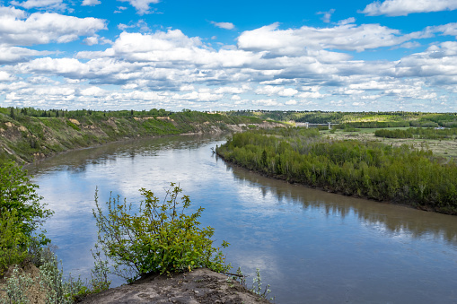 View to North Saskatchewan river at near Terwillegar Park in western part of city of Edmonton, Alberta