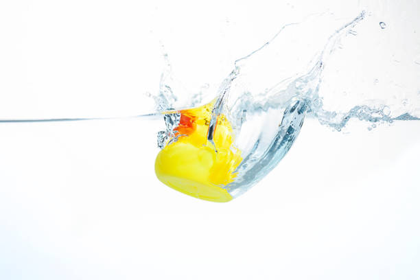 canard jaune en caoutchouc éclaboussures dans l’eau avec un fond blanc - duckie photos et images de collection