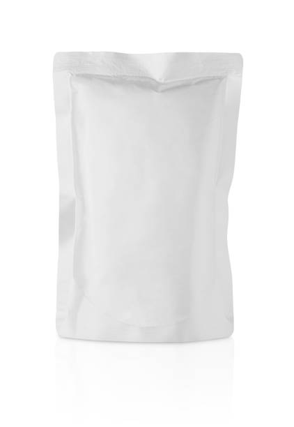 istock Blank white aluminium foil plastic pouch bag sachet packaging mockup isolated on white background with clipping path 1240018378