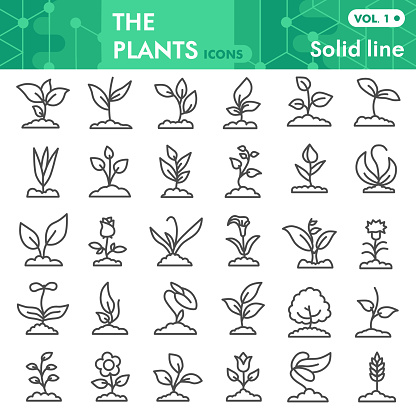 Plants line icon set, gardening symbols collection or sketches. Seedling and sprout signs for web, linear style pictogram package isolated on white background. Vector graphics