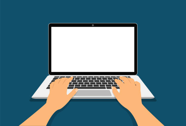 ilustrações, clipart, desenhos animados e ícones de mãos em um teclado portátil. o conceito de trabalhar em uma vista superior do laptop. - computer