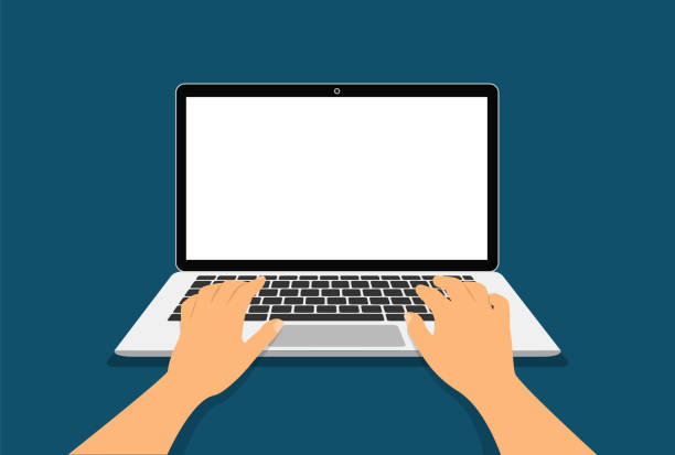 ilustrații de stoc cu mâinile pe o tastatură laptop. conceptul de a lucra la o vedere de top laptop. - tastare