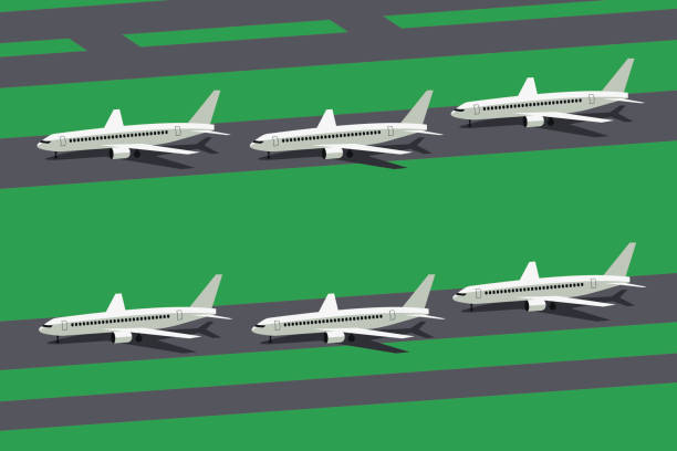 ilustrações, clipart, desenhos animados e ícones de muitos aviões estacionados em uma ilustração de pista do aeroporto - runway airplane airport three dimensional shape