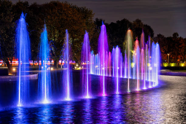 Fountain Illuminated at Night in Warsaw