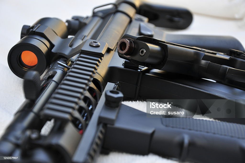 Close-up of sight on an Army assualt rifle Airsoft machine gun and handgun Rifle Stock Photo