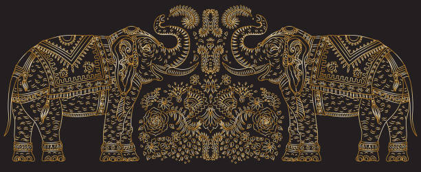 vektor-set von dekorativen fantasie verziert indischen elefanten mit tropischen blättern und blumen. goldene kontur dünne linie, ethnische ornamente auf schwarzem hintergrund. t-shirt-druck. batikfarbe, broschürenbezug - gold leaf backgrounds gold ornate stock-grafiken, -clipart, -cartoons und -symbole
