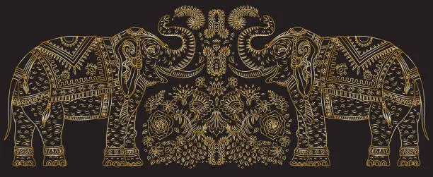 Vector illustration of Vector set of decorative fantasy ornate Indian elephant with tropical leaves and flowers. Golden contour thin line, ethnic ornaments on a black background. T-shirt print. Batik paint, brochure cover