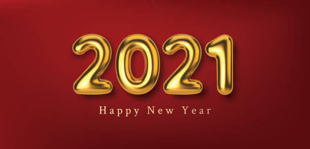 istock Happy New Year 2021. 3D realistic illustration golden metallic numbers inscription . Abstract gold metallic text for banner design. Vector horizontal red background 1240081657