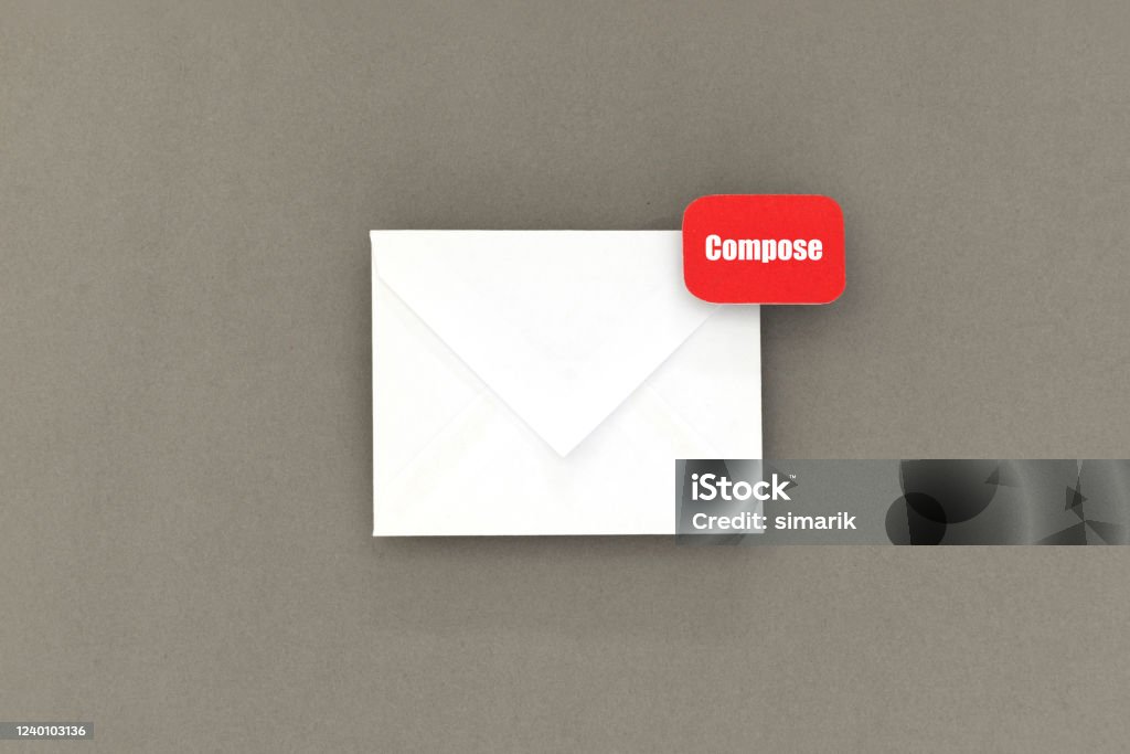 Compose White envelope with notification sign with Compose written on it. Accessibility Stock Photo