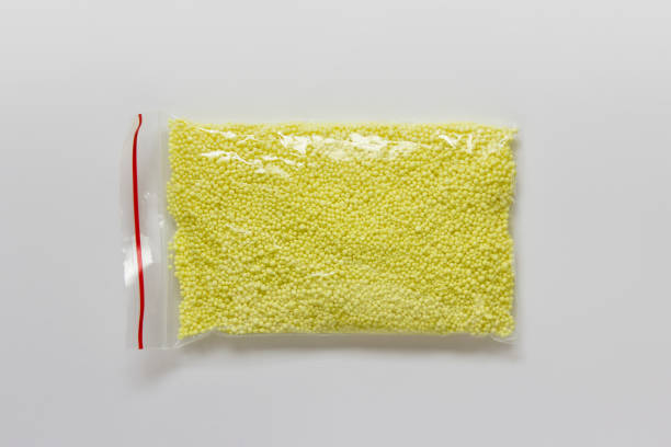 Packaged sulfur granules in a bag stock photo