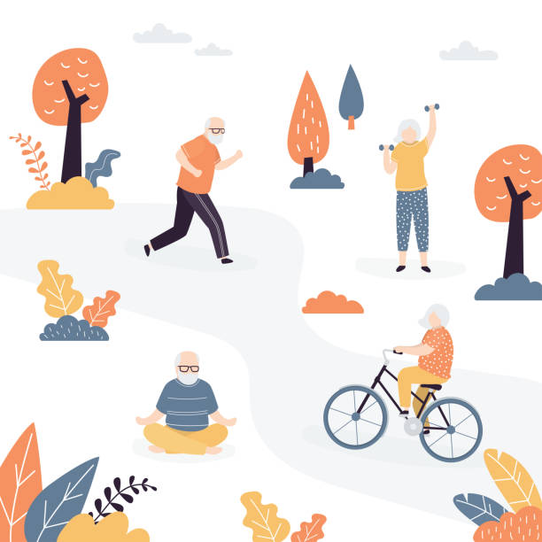 Group of elderly people making sport activity in park. Old woman cycling and fitness outdoors. Group of elderly people making sport activity in park. Old woman cycling and fitness outdoors. Grandfather sitting in lotus pose. Health care lifestyle concept. Trendy vector illustration cartoon of the older people exercising gym stock illustrations