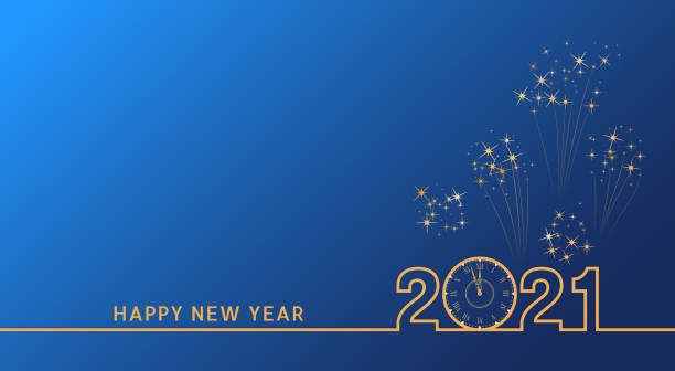 2021 Happy New Year text design with golden numbers and vintage clock on blue background with fireworks. Holiday banner, poster, greeting card or invitation template. End of the year countdown. 2021 Happy New Year text design with golden numbers and vintage clock on blue background with fireworks. Holiday banner, poster, greeting card or invitation template. End of the year countdown. 2021 stock illustrations