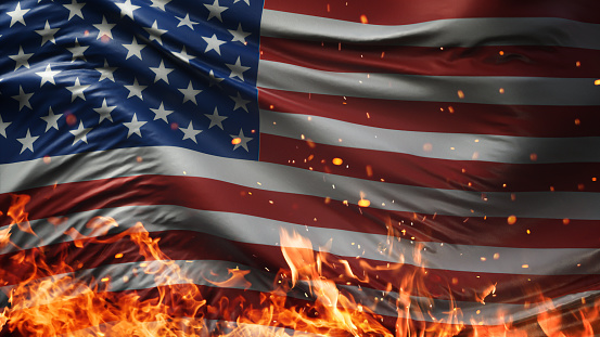 USA America Burning Fire Flag War Conflict Night. 3D illustration