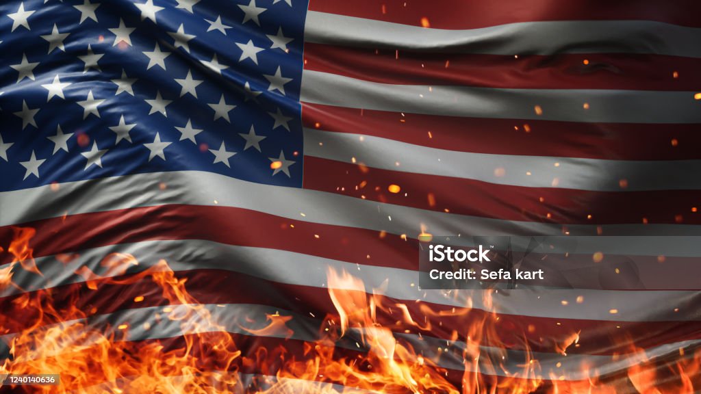 USA America Burning Fire Flag War Conflict Night. 3D illustration Burning Stock Photo