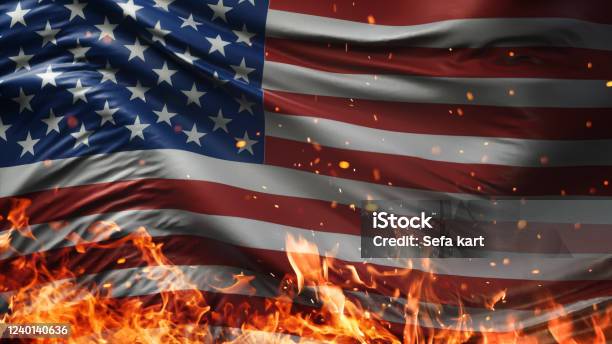Usa America Burning Fire Flag War Conflict Night 3d Illustration Stock Photo - Download Image Now