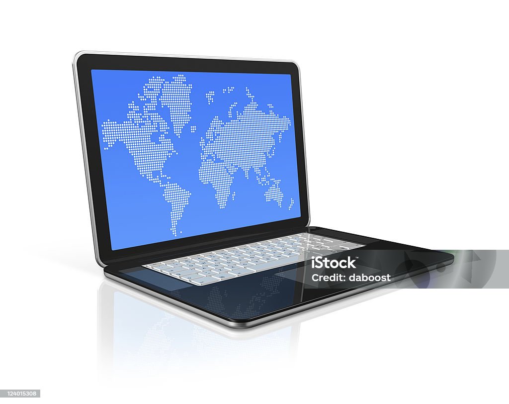 Schwarzes Laptop-computer isoliert mit worldmap auf dem Bildschirm - Lizenzfrei Arbeiten Stock-Foto