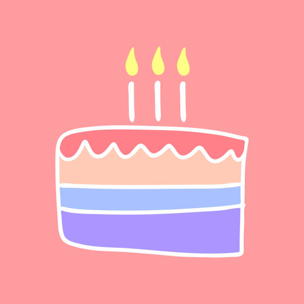 illustrazioni stock, clip art, cartoni animati e icone di tendenza di torta di compleanno colorata in stile doodle con tre candele accese - artificial set decoration candle