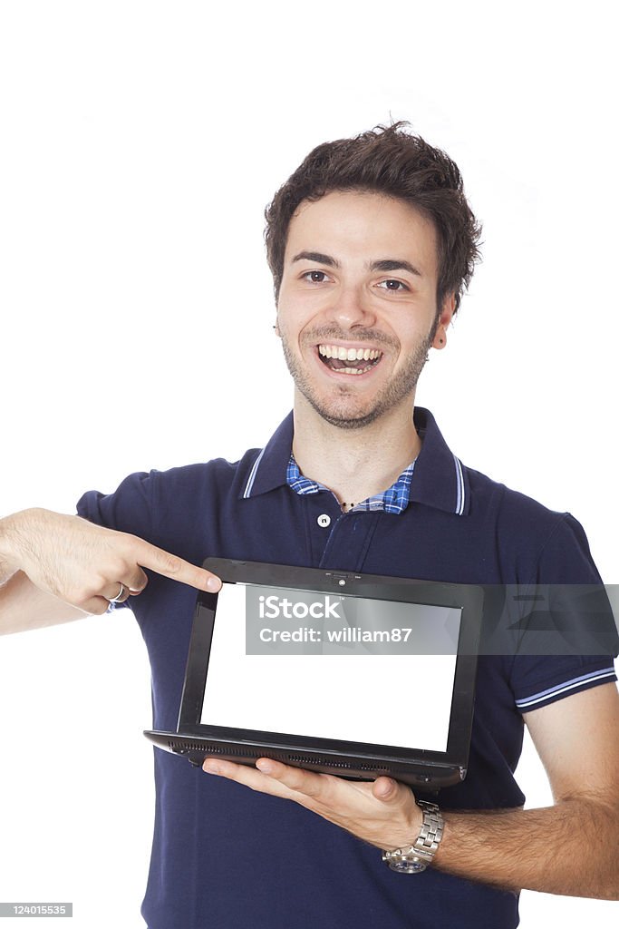 Jovem mostrando a tela em branco do bloco de notas - Foto de stock de Adulto royalty-free
