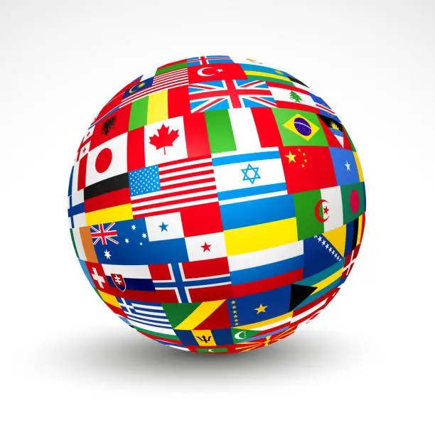 Vector illustration of 3D sphere with world flags in it