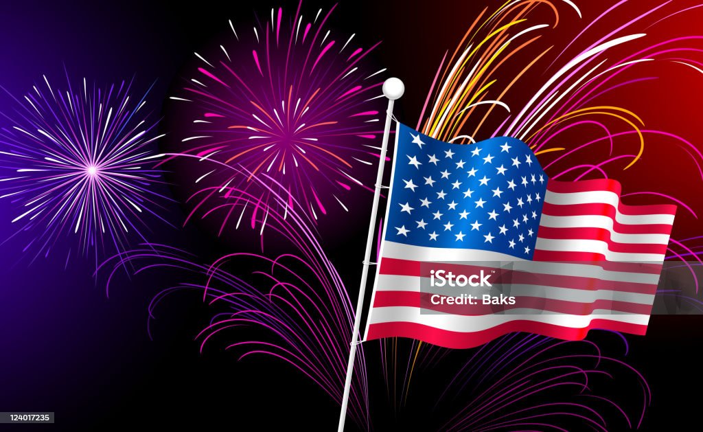 Bandiera americana e fuochi d'artificio. - arte vettoriale royalty-free di 4 Luglio