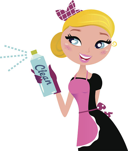Housewife french retro Maid with cleaning spray isolated on white vector art illustration