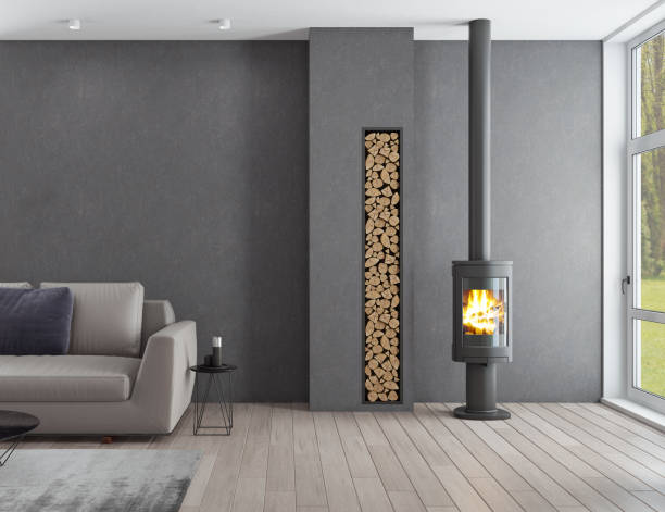 Scandinavian living room with natural wood floor, stone walls, leather armchair and sofa and an eco-friendly fireplace. Big windows. White wooden floor. Forest scene background photo. 3d rendering.