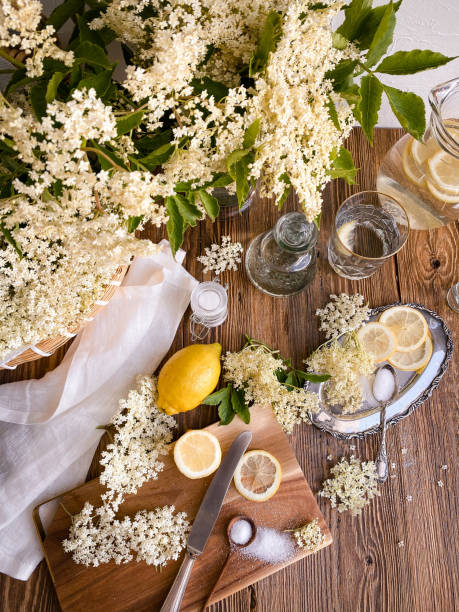 elderflower blossom syrup making with lemons on wood - maple wood imagens e fotografias de stock