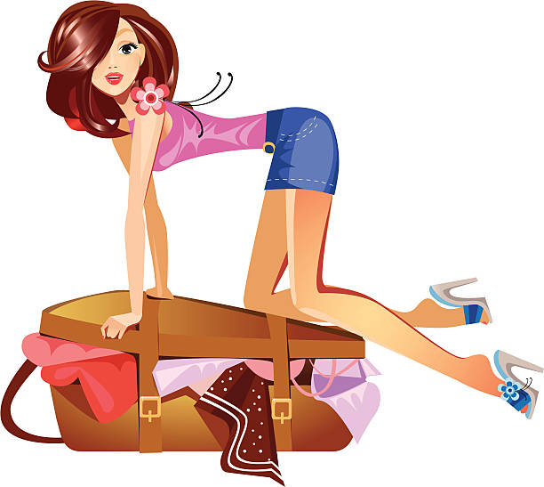 girl which closes the suitcase vector art illustration