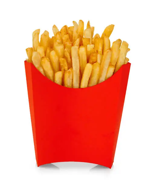 French fries in a red carton box isolated on white background.