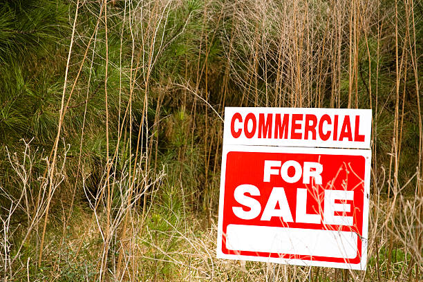 señal de bienes raíces comerciales de vacío estacionamiento. tierra para la venta. - acreage fotografías e imágenes de stock