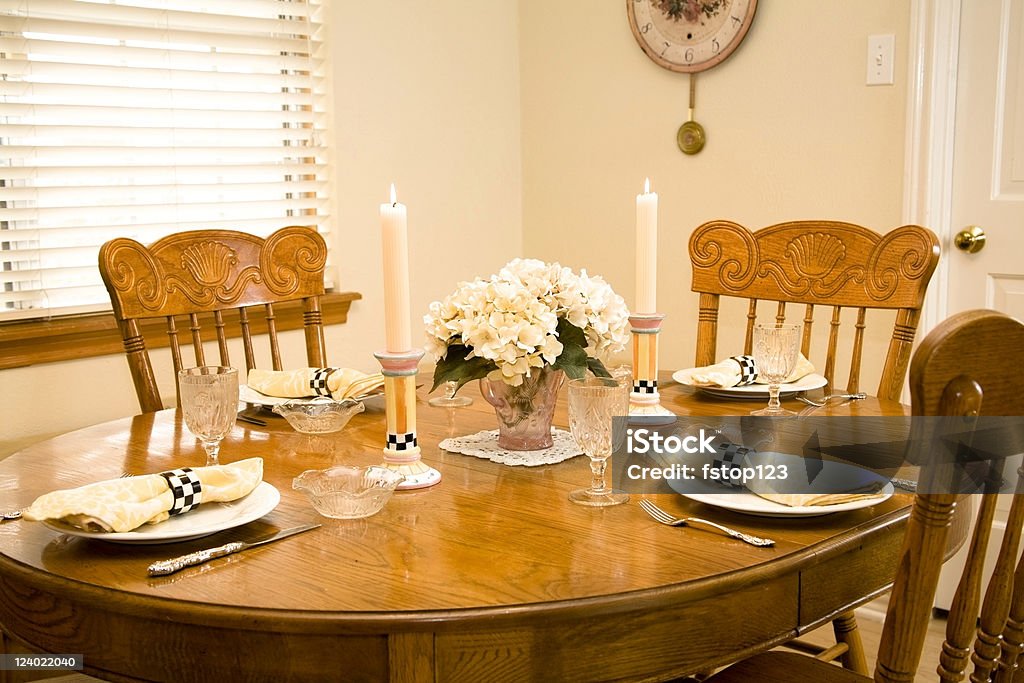 Breakfast nook Breakfast nook with table set for four. Beauty Stock Photo