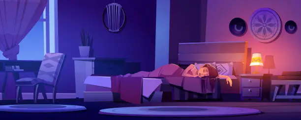 Vector illustration of Woman sleeps in bed in boho interior at night