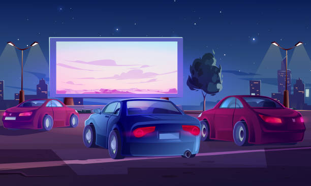 illustrazioni stock, clip art, cartoni animati e icone di tendenza di auto cinema di strada. teatro drive-in con auto - drive in