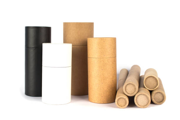 istock Set of biodegradable recycling paper tubes of different sizes as alternative packaging concept, reusable cardboard containers for packaging isolated on white background with copyspace, mockup 1240241601