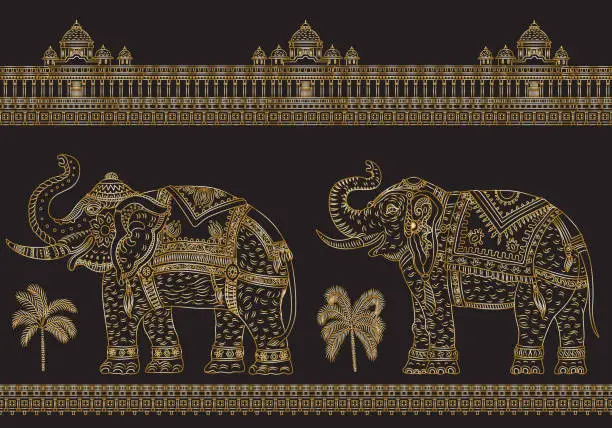 Vector illustration of Vector seamless border pattern with fantasy ornate Indian elephant, tropical palm tree, antique architecture temple. Metallic gold thin line, ethnic ornaments on black background. T-shirt print.Batik paint