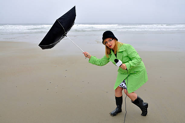 süße reporter hat schwierigkeiten mit regenschirm - das innere nach außen gekehrt stock-fotos und bilder