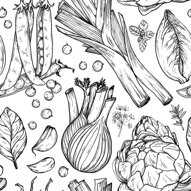 Seamless pattern with nature mediterranean vegetables. Fresh organic food. Vegetables vintage Hand-drawn sketch. Black and white Vector Seamless pattern with nature mediterranean vegetables. Fresh organic food. Vegetables vintage Hand-drawn sketch. Black and white Artichoke stock illustrations